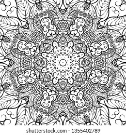 Seamless tracery tile mehndi design. Ethnic ornament, doodle symmetry texture. Folk traditional spiritual tribal design. Curved doodling mehndi motif. Binary monochrome black and white art. Vector.