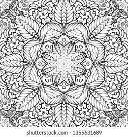 Seamless tracery tile mehndi design. Ethnic ornament, doodle symmetry texture. Folk traditional spiritual tribal design. Curved doodling mehndi motif. Binary monochrome black and white art. Vector.
