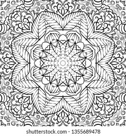 Seamless tracery tile mehndi design. Ethnic ornament, doodle symmetry texture. Folk traditional spiritual tribal design. Curved doodling mehndi motif. Binary monochrome black and white art. Vector.