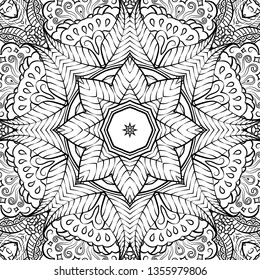 Seamless tracery tile mehndi design. Ethnic ornament, doodle symmetry texture. Folk traditional spiritual tribal design. Curved doodling mehndi motif. Binary monochrome black and white art. Vector.
