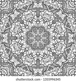 Seamless tracery tile mehndi design. Ethnic ornament, doodle symmetry texture. Folk traditional spiritual tribal design. Curved doodling mehndi motif. Binary monochrome black and white art. Vector.