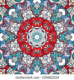 Seamless tracery tile mehndi design. Ethnic ornament, colorful doodle symmetry texture. Folk traditional spiritual tribal design. Curved doodling mehndi motif. Color art. Vector.