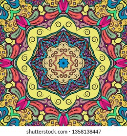 Seamless tracery tile mehndi design. Ethnic ornament, colorful doodle symmetry texture. Folk traditional spiritual tribal design. Curved doodling mehndi motif. Color art. Vector.