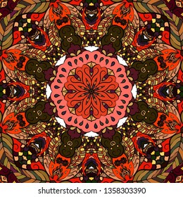 Seamless tracery tile mehndi design. Ethnic ornament, colorful doodle symmetry texture. Folk traditional spiritual tribal design. Curved doodling mehndi motif. Color art. Vector.