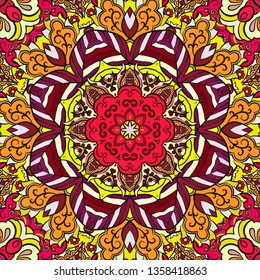 Seamless tracery tile mehndi design. Ethnic ornament, colorful doodle symmetry texture. Folk traditional spiritual tribal design. Curved doodling mehndi motif. Color art. Vector.