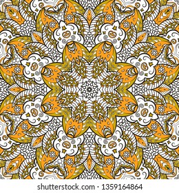 Seamless tracery tile mehndi design. Ethnic ornament, colorful doodle symmetry texture. Folk traditional spiritual tribal design. Curved doodling mehndi motif. Color art. Vector.