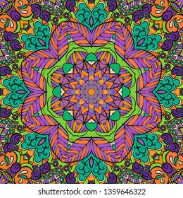 Seamless tracery tile mehndi design. Ethnic ornament, colorful doodle symmetry texture. Folk traditional spiritual tribal design. Curved doodling mehndi motif. Color art. Vector.
