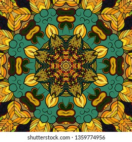 Seamless tracery tile mehndi design. Ethnic ornament, colorful doodle symmetry texture. Folk traditional spiritual tribal design. Curved doodling mehndi motif. Color art. Vector.
