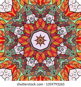 Seamless tracery tile mehndi design. Ethnic ornament, colorful doodle symmetry texture. Folk traditional spiritual tribal design. Curved doodling mehndi motif. Color art. Vector.