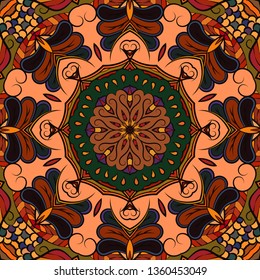 Seamless tracery tile mehndi design. Ethnic ornament, colorful doodle symmetry texture. Folk traditional spiritual tribal design. Curved doodling mehndi motif. Color art. Vector.