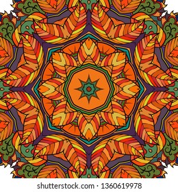 Seamless tracery tile mehndi design. Ethnic ornament, colorful doodle symmetry texture. Folk traditional spiritual tribal design. Curved doodling mehndi motif. Color art. Vector.