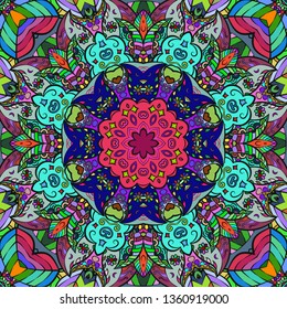Seamless tracery tile mehndi design. Ethnic ornament, colorful doodle symmetry texture. Folk traditional spiritual tribal design. Curved doodling mehndi motif. Color art. Vector.