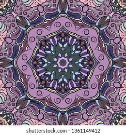 Seamless tracery tile mehndi design. Ethnic ornament, colorful doodle symmetry texture. Folk traditional spiritual tribal design. Curved doodling mehndi motif. Color art. Vector.