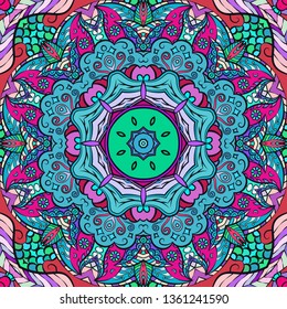 Seamless tracery tile mehndi design. Ethnic ornament, colorful doodle symmetry texture. Folk traditional spiritual tribal design. Curved doodling mehndi motif. Color art. Vector.