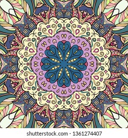 Seamless tracery tile mehndi design. Ethnic ornament, colorful doodle symmetry texture. Folk traditional spiritual tribal design. Curved doodling mehndi motif. Color art. Vector.