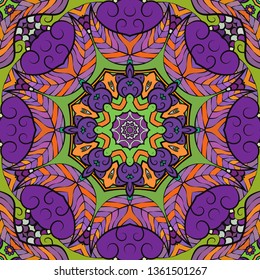 Seamless tracery tile mehndi design. Ethnic ornament, colorful doodle symmetry texture. Folk traditional spiritual tribal design. Curved doodling mehndi motif. Color art. Vector.