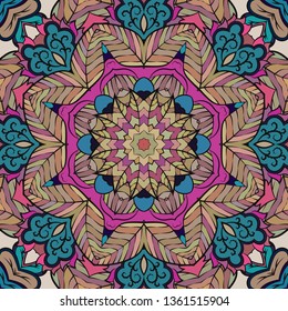 Seamless tracery tile mehndi design. Ethnic ornament, colorful doodle symmetry texture. Folk traditional spiritual tribal design. Curved doodling mehndi motif. Color art. Vector.
