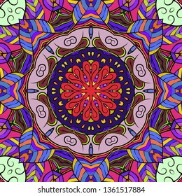 Seamless tracery tile mehndi design. Ethnic ornament, colorful doodle symmetry texture. Folk traditional spiritual tribal design. Curved doodling mehndi motif. Color art. Vector.