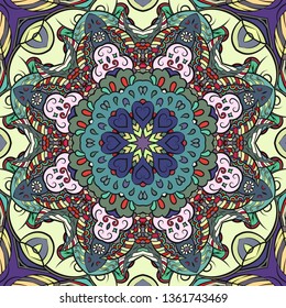 Seamless tracery tile mehndi design. Ethnic ornament, colorful doodle symmetry texture. Folk traditional spiritual tribal design. Curved doodling mehndi motif. Color art. Vector.
