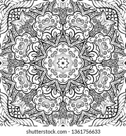 Seamless tracery tile mehndi design. Ethnic ornament, doodle symmetry texture. Folk traditional spiritual tribal design. Curved doodling mehndi motif. Binary monochrome black and white art. Vector.