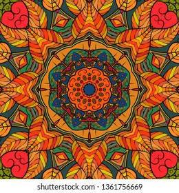 Seamless tracery tile mehndi design. Ethnic ornament, colorful doodle symmetry texture. Folk traditional spiritual tribal design. Curved doodling mehndi motif. Color art. Vector.