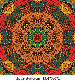 Seamless tracery tile mehndi design. Ethnic ornament, colorful doodle symmetry texture. Folk traditional spiritual tribal design. Curved doodling mehndi motif. Color art. Vector.