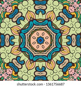 Seamless tracery tile mehndi design. Ethnic ornament, colorful doodle symmetry texture. Folk traditional spiritual tribal design. Curved doodling mehndi motif. Color art. Vector.