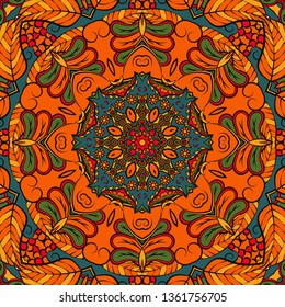 Seamless tracery tile mehndi design. Ethnic ornament, colorful doodle symmetry texture. Folk traditional spiritual tribal design. Curved doodling mehndi motif. Color art. Vector.