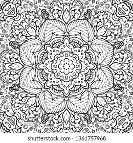 Seamless tracery tile mehndi design. Ethnic ornament, doodle symmetry texture. Folk traditional spiritual tribal design. Curved doodling mehndi motif. Binary monochrome black and white art. Vector.