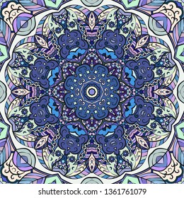 Seamless tracery tile mehndi design. Ethnic ornament, colorful doodle symmetry texture. Folk traditional spiritual tribal design. Curved doodling mehndi motif. Color art. Vector.