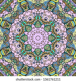 Seamless tracery tile mehndi design. Ethnic ornament, colorful doodle symmetry texture. Folk traditional spiritual tribal design. Curved doodling mehndi motif. Color art. Vector.