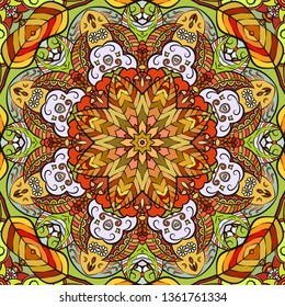 Seamless tracery tile mehndi design. Ethnic ornament, colorful doodle symmetry texture. Folk traditional spiritual tribal design. Curved doodling mehndi motif. Color art. Vector.