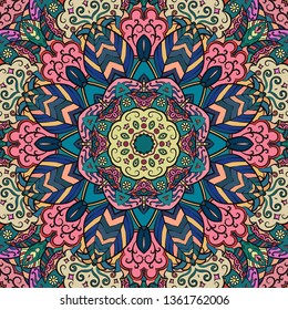 Seamless tracery tile mehndi design. Ethnic ornament, colorful doodle symmetry texture. Folk traditional spiritual tribal design. Curved doodling mehndi motif. Color art. Vector.