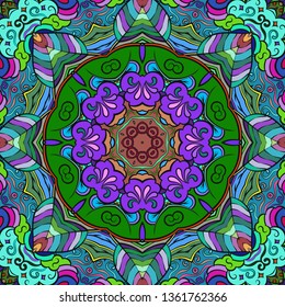 Seamless tracery tile mehndi design. Ethnic ornament, colorful doodle symmetry texture. Folk traditional spiritual tribal design. Curved doodling mehndi motif. Color art. Vector.