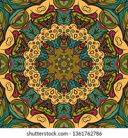 Seamless tracery tile mehndi design. Ethnic ornament, colorful doodle symmetry texture. Folk traditional spiritual tribal design. Curved doodling mehndi motif. Color art. Vector.