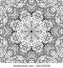 Seamless tracery tile mehndi design. Ethnic ornament, doodle symmetry texture. Folk traditional spiritual tribal design. Curved doodling mehndi motif. Binary monochrome black and white art. Vector.