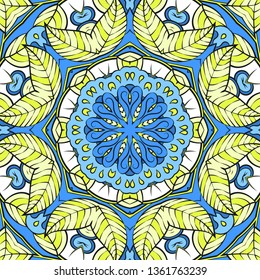Seamless tracery tile mehndi design. Ethnic ornament, colorful doodle symmetry texture. Folk traditional spiritual tribal design. Curved doodling mehndi motif. Color art. Vector.
