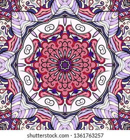 Seamless tracery tile mehndi design. Ethnic ornament, colorful doodle symmetry texture. Folk traditional spiritual tribal design. Curved doodling mehndi motif. Color art. Vector.