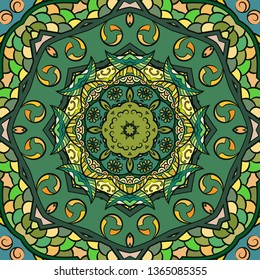 Seamless tracery tile mehndi design. Ethnic ornament, colorful doodle symmetry texture. Folk traditional spiritual tribal design. Curved doodling motif. Color art. Vector