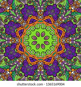 Seamless tracery tile mehndi design. Ethnic ornament, colorful doodle symmetry texture. Folk traditional spiritual tribal design. Curved doodling motif. Color art. Vector