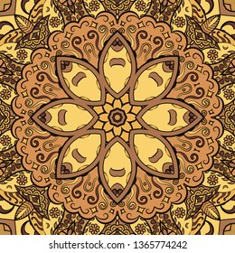 Seamless tracery tile mehndi design. Ethnic ornament, colorful doodle symmetry texture. Folk traditional spiritual tribal design. Curved doodling motif. Color art. Vector