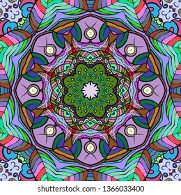 Seamless tracery tile mehndi design. Ethnic ornament, colorful doodle symmetry texture. Folk traditional spiritual tribal design. Curved doodling motif. Color art. Vector