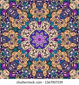 Seamless tracery tile mehndi design. Ethnic ornament, colorful doodle symmetry texture. Folk traditional spiritual tribal design. Curved doodling motif. Color art. Vector