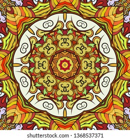 Seamless tracery tile mehndi design. Ethnic ornament, colorful doodle symmetry texture. Folk traditional spiritual tribal design. Curved doodling motif. Color art. Vector