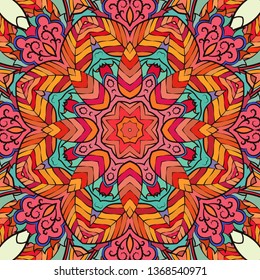 Seamless tracery tile mehndi design. Ethnic ornament, colorful doodle symmetry texture. Folk traditional spiritual tribal design. Curved doodling motif. Color art. Vector