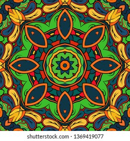 Seamless tracery tile mehndi design. Ethnic ornament, colorful doodle symmetry texture. Folk traditional spiritual tribal design. Curved doodling motif. Color art. Vector