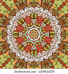 Seamless tracery tile mehndi design. Ethnic ornament, colorful doodle symmetry texture. Folk traditional spiritual tribal design. Curved doodling motif. Color art. Vector