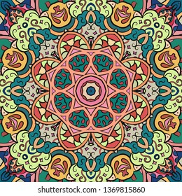 Seamless tracery tile mehndi design. Ethnic ornament, colorful doodle symmetry texture. Folk traditional spiritual tribal design. Curved doodling motif. Color art. Vector