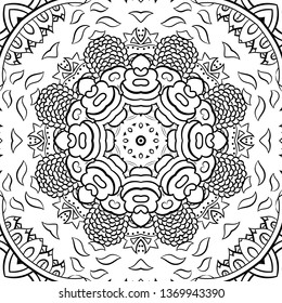 Seamless tracery tile mehndi design. Ethnic ornament, doodle symmetry texture. Folk traditional spiritual tribal design. Curved doodling motif. Binary monochrome black and white art. Vector