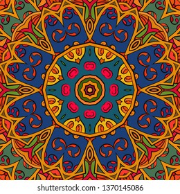 Seamless tracery tile mehndi design. Ethnic ornament, colorful doodle symmetry texture. Folk traditional spiritual tribal design. Curved doodling motif. Color art. Vector